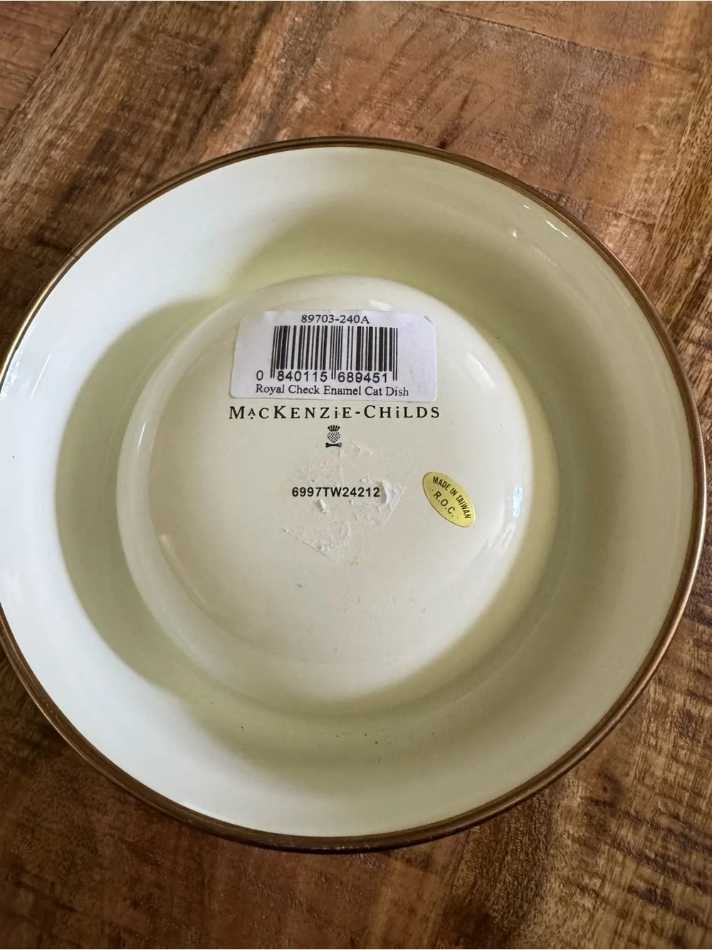 MacKenzie-Childs Cream Enamel Pet Dish with Gold Rim